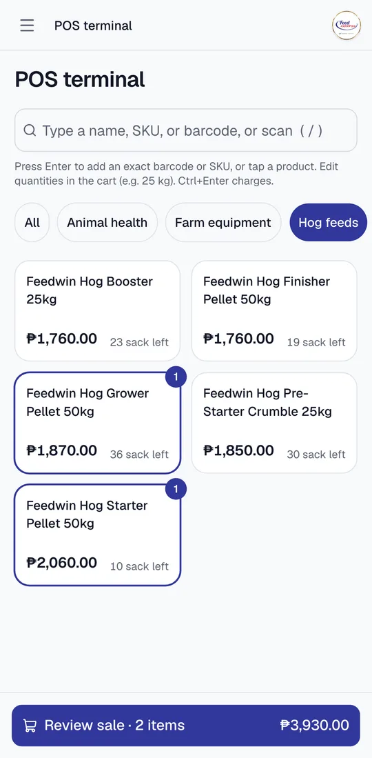 The POS terminal on a phone: category filters, product tiles with prices and stock, and a Review sale bar.